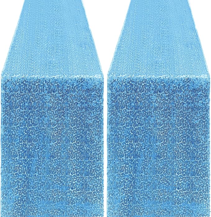 2 Packs 12 x 72 inches Sequin Table Runner, Blue Glitter Table Runner for Birthday Party Supplies Wedding Engagement Baby Shower Holiday Celebration Event Decorations