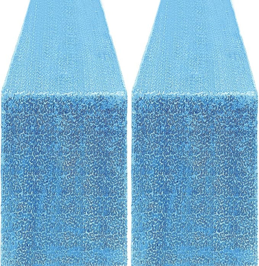 2 Packs 12 x 72 inches Sequin Table Runner, Blue Glitter Table Runner for Birthday Party Supplies Wedding Engagement Baby Shower Holiday Celebration Event Decorations