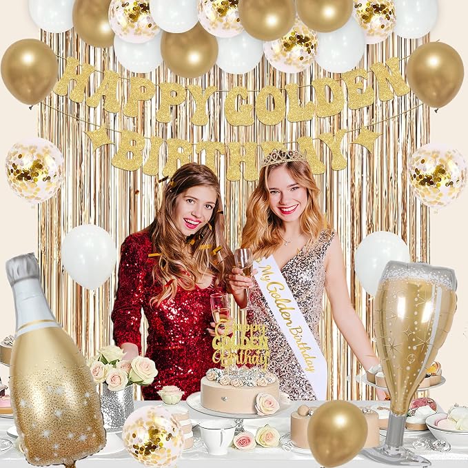 Trgowaul It's My Golden Birthday Decorations for Women Girls, Banner, Sash and Crown, Cake Topper, Latex Balloons Fringe Curtains, Champagne Gold Happy Birthday Party Supplies