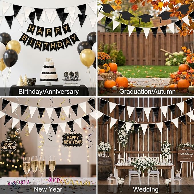 130FT Black White Triangle Pennant Banner Flag Metallic Fabric Bunting Garland for Christmas Graduation Birthday Wedding Bridal Shower Nautical Ahoy Achor Theme Party Decorations Supplies