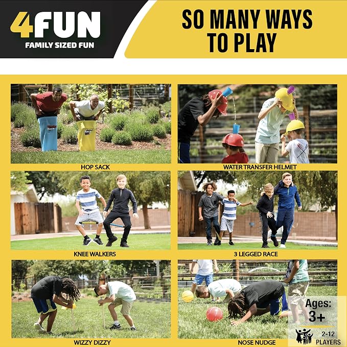 4FUN Wacky Race Set - Family Fun Outdoor Yard Games - Set Includes Hop Sack Race, Knee Walkers, Nose Nudge, Water Helmet Relay, 3-Legged Race, and Wizzy Dizzy – Great for Ages 3+