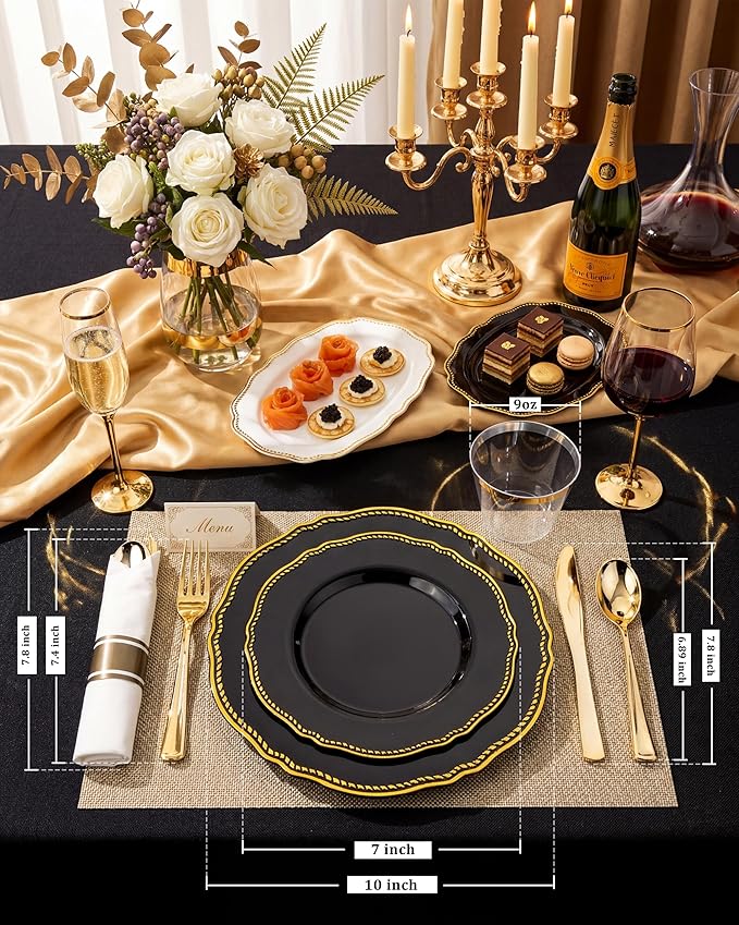 Hioasis 175pcs Black and gold Plastic Plates - Gold Plastic Dinnerware Set Includes 25 Dinner Plates, 25 Dessert Dinnerware, 25 Cups, 25 Napkins Perfect for Wedding & Party