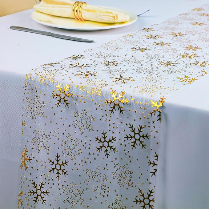 Snowkingdom 2 Pcs Christmas Snowflake Gold Table Runner Sparkly Golden Metallic Foil Runners Decorations Glitter for Winter Festival Holiday Home Party Seasonal