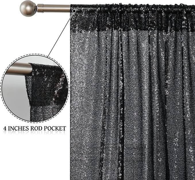 Sugargirl Halloween Black Sequin Backdrop Curtain 4 Panels 2FTx8FT Glitter Black Background Drapes Sparkle Photography Backdrop for Party Wedding Birthday Wall Decoration