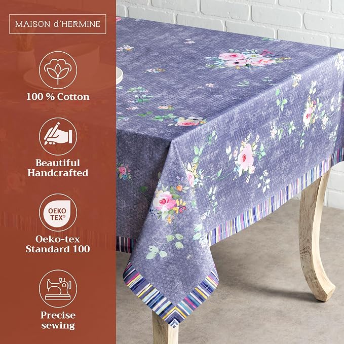 Maison d' Hermine Table Cloth Square Table 100% Cotton 60 x 60 Inches Tablecloth Reusable Decorative for Dining Kitchen Room Farmhouse Party Home Spring Summer - Sweet Rose Lavender - Country Garden