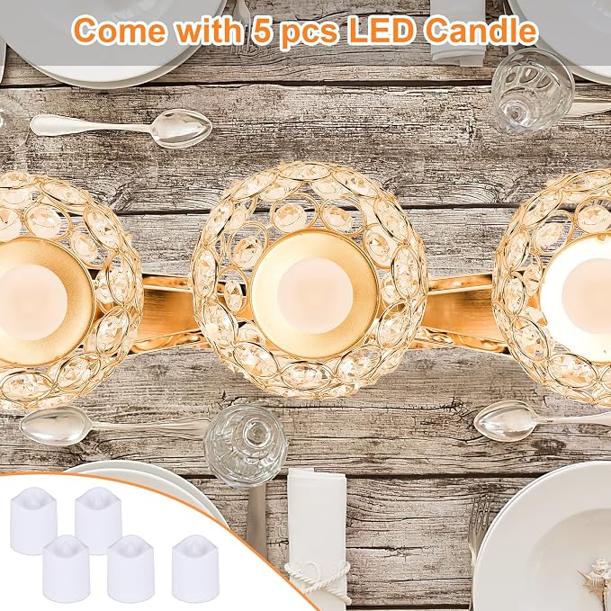 Gold Crystal Tealight Candle Holders Bling Bowl Candelabras 3 Arms Candlesticks Holder with Plastic Candles and Gloves Table Centerpiece Center Pieces Decoration for Wedding Party Anniversary