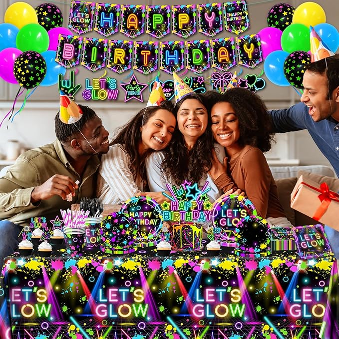 Neon Party Supplies Serves 24,Glow in The Dark Themed Tableware Including Plates,Napkins,Banner,Tablecloths Neon Birthday Party Decorations for Let's Glow Baby Shower Birthday Favors