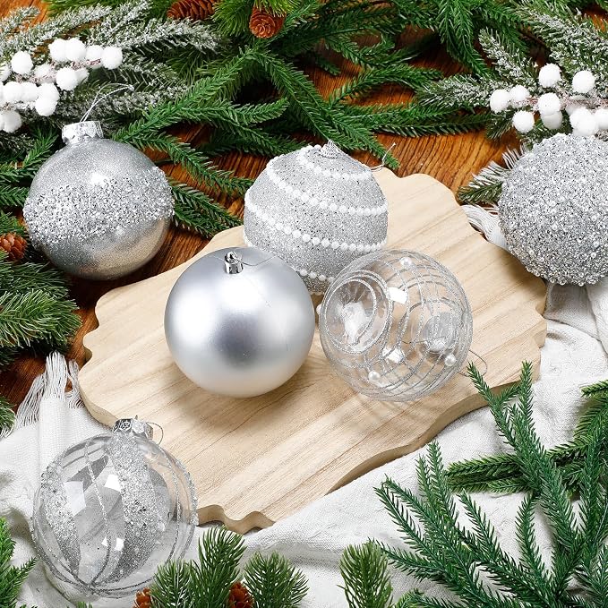 Lyrow 12 Pcs 4 inch Christmas Balls Ornaments Glitter Shatterproof Christmas Decorations Tree Balls Sparkly Holiday Ornaments Bulk for Xmas Trees(Silver)