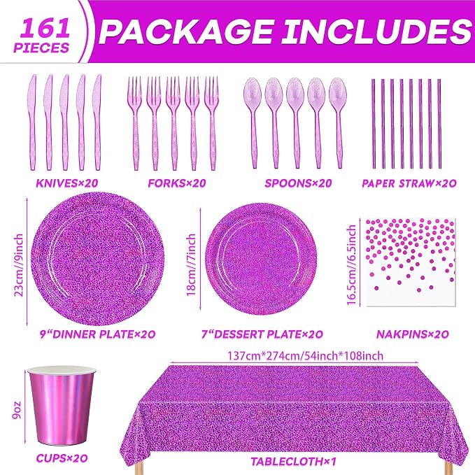 161Demon Hunter Holographic Laser Tablewares Kit, Pink Sparkling Iridescent Grad Decor for 20 Guests-Purple Party Supplies Paper Plates Napkins Cups Cultery for Birthday Wedding Graduation Bachelor