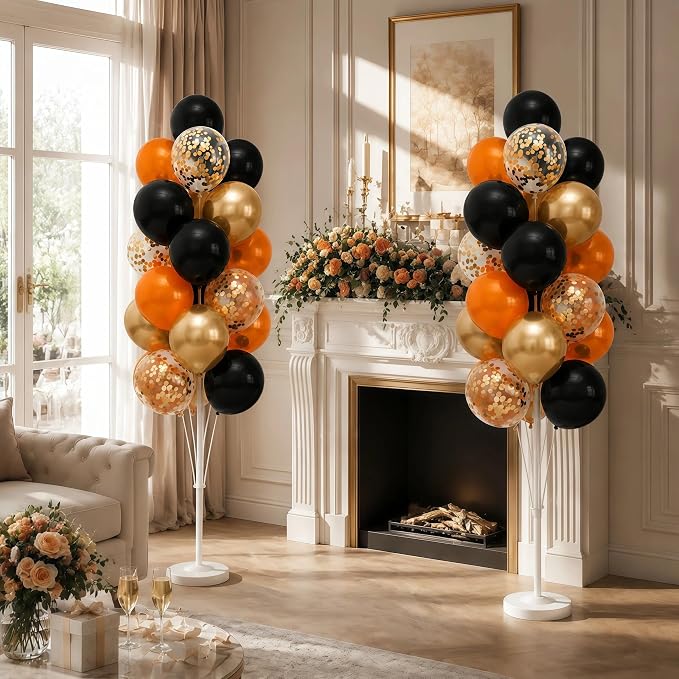 Balloon Column Kit Set of 2 With Balloons Included - with Base, and Pole,Balloon Tower Backdrop Decoration for Wedding, Baby Shower, Birthday Party, or Bachelorette Parties (Black Orange)