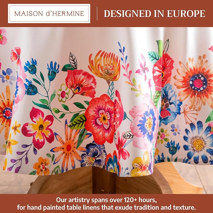 Maison d' Hermine Table Cloth Round Table 100% Cotton 69 Round Inches Tablecloth Reusable Decorative for Dining Kitchen Room Farmhouse Party Hotel Restaurant Spring Summer- Happy Florals - High Summer