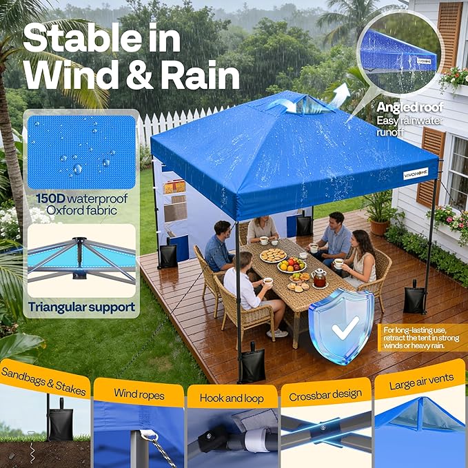 VIVOHOME 10x10ft Pop Up Canopy Tent with Sidewall and 6 Pockets, One Push Setup Outdoor Portable Shelter Tent Heavy Duty with Wheel Carry Bag and 4 Sandbags, Blue