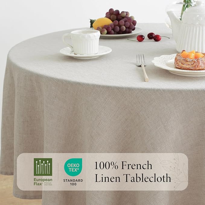 Linen World Linen Tablecloth,100% French Linen Round Tablecloth 90" Inch,Washable Natural Tablecloth for Dining,Outdoor,Weddings and Restaurants,Decorative Thanksgiving Christmas