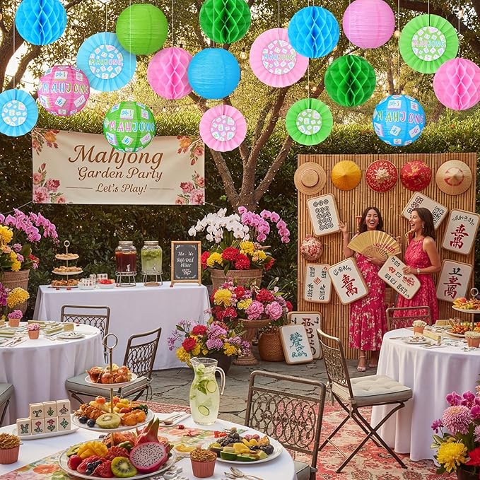 Retisee 18 Pcs Mahjong Party Decorations Mahj Hanging Paper Lanterns Honeycomb Fans Honeycomb Ball for Game Night Mahjong Night Celebrations Party Supplies