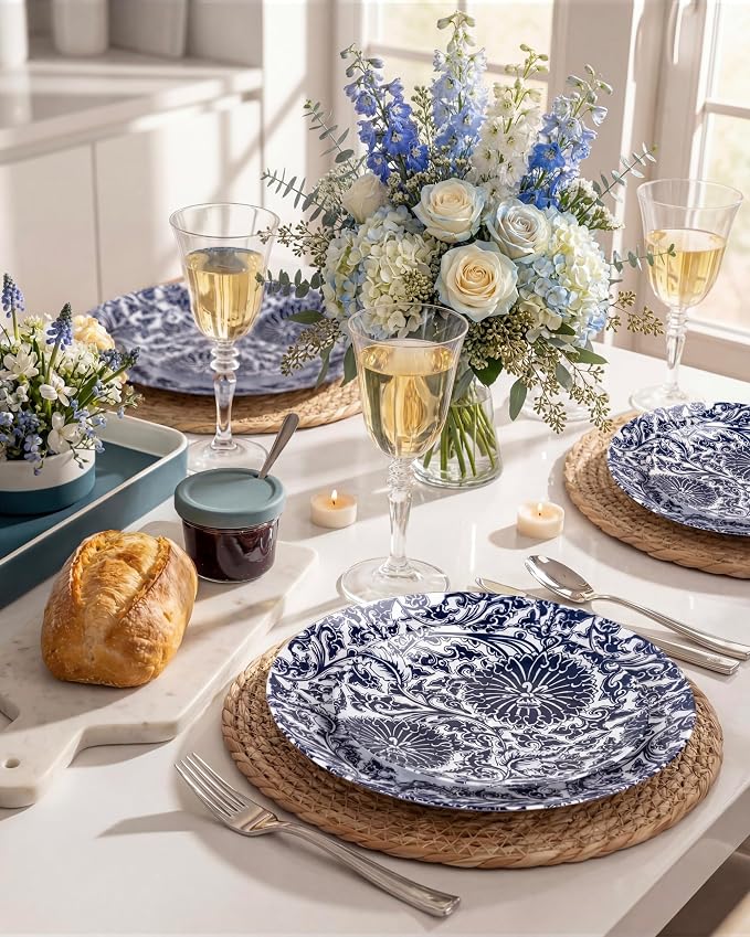 Hioasis 60pcs Plastic Disposable Plates Set - Blue Dandelion & Blue Leaf Pattern, 10.25 Dinner & 7.5 Dessert Plates for Wedding,Anniversary,Party and Holiday