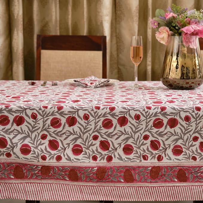 Ridhi Sangria Red Hand Block Print Cotton Rectangle Tablecloth 160" x 72" inches Reusable Table Cover Decorative Everyday Use for Dining Room, Farmhouse, Home Gift for Spring, Mother's Day