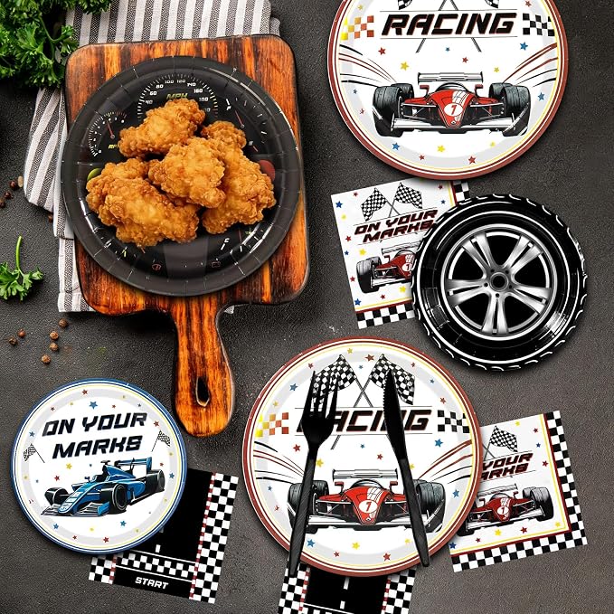 Race Car Party Decorations,182pcs Racing Themed Birthday Party Supplies Includes Banner,Tablecloths,Plates and Napkins,Tableware Set,for Boys Birthday Decorations,Serves 30