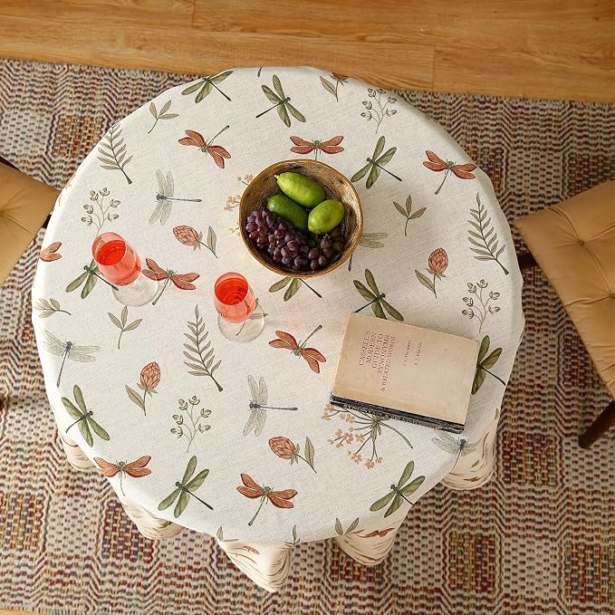 ISAENNE Designer Round Elegant Linen Tablecloth,Diameter 55"-Grace B | Vintage French Printed Table Cloth Round Table,Dragonfly Pattern,Durable,Heavyweight,Dining Room,Kitchen,Thanksgiving