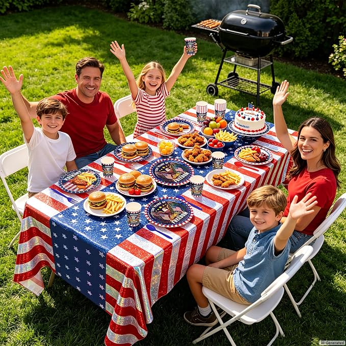 Iridescent USA 250 Years Anniversary Party Tableware Decorations Kit, Holographic Laser Plates(9”+7”), Sparkling Patriotic Tablecloth 9ft, Cups Napkins for 4th of July, Kids Birthday, Patriotic Party