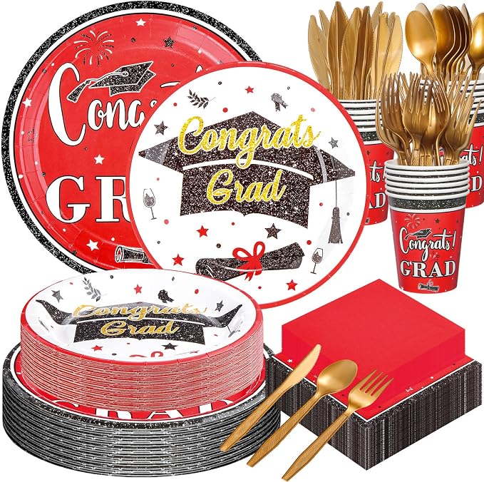 Domensi 400 Pcs 2026 Graduation Decorations Plates and Napkins and Cups Set Serve 50, Red and White Graduation Party Supplies, Class of 2026 Paper Tableware 9oz Cup Knife Fork Spoon Congrats Grad