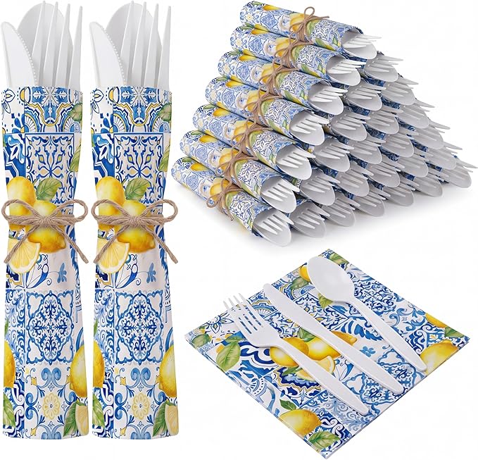 200 Pcs Capri Lemon Party Supplies Biodegradable Disposable Tableware Set for 50 Guests Knives Spoon Fork Paper Napkins Mediterranean Lemons Supplies for Bridal Shower Wedding Bridesmaid Gift