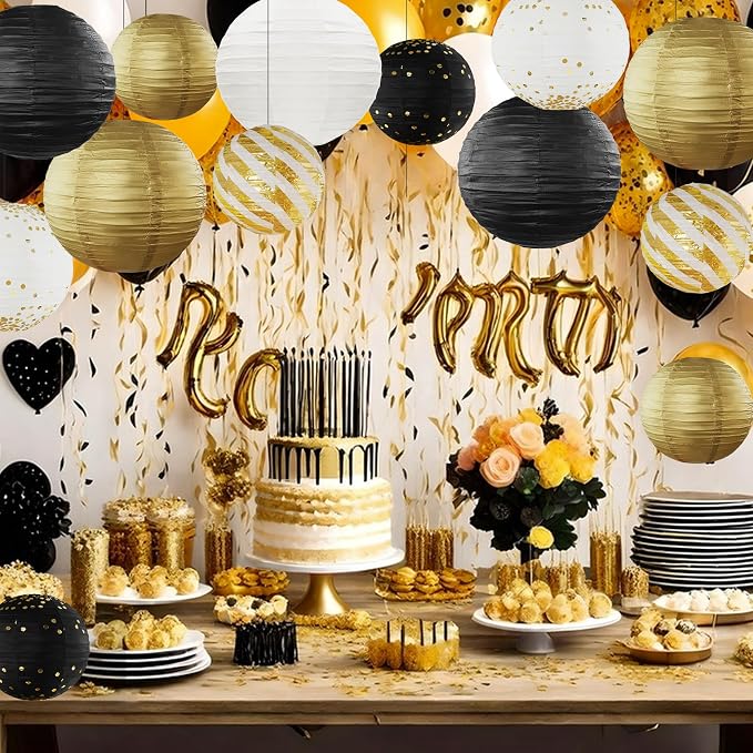 Black and Gold Hanging Paper Lanterns Decorations Graduation 2026 12pcs Paper Lanterns Decorative for Great Gatsby Theme Birthday Retirement Party Decorations