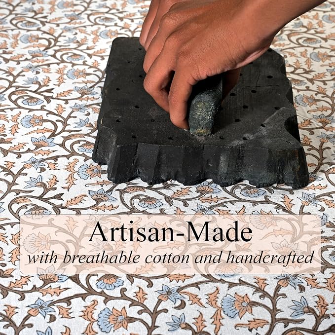 Ridhi Block Print Brown Meadow Vine Rectangle Cotton Tablecloth 108" x 60" Reusable Table Cover Decorative Everyday Use for Dining, Farmhouse, Home Gift for Spring, Easter, Valentine