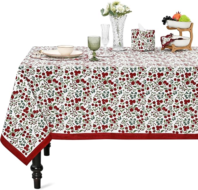 Ridhi Garnet Red Hand Block Print Cotton Rectangle Tablecloth 190" x 72" inches Reusable Table Cover Decorative Everyday Use for Dining Room, Farmhouse, Home Gift for Spring, Mother's Day