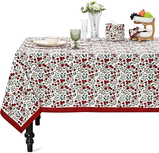 Ridhi Garnet Red Hand Block Print Cotton Rectangle Tablecloth 108" x 70" inches Reusable Table Cover Decorative Everyday Use for Dining Room, Farmhouse, Home Gift for Spring, Mother's Day
