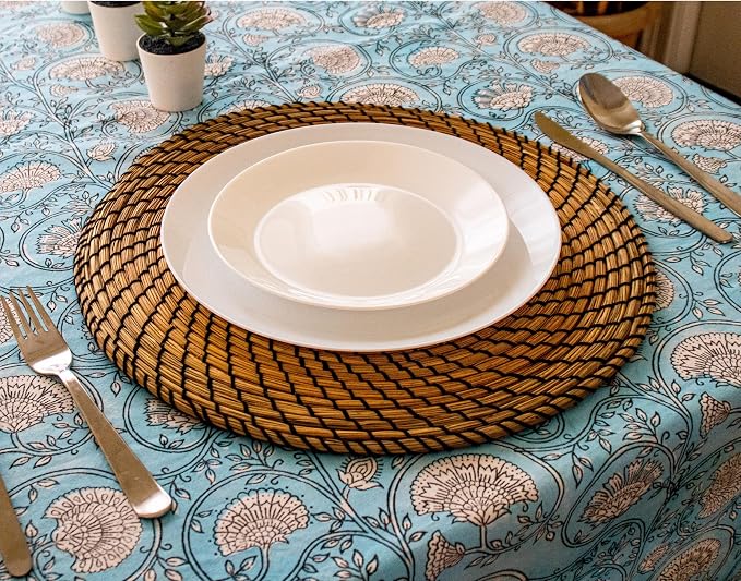 Sky Blue Block Print Table Cloth- 60x90 Inch Rectangle 100% Cotton Handmade Pre-Shrink, Washable for Spring, Kitchen & Dining Perfect for Patio, Indoor & Outdoor, Farmhouse