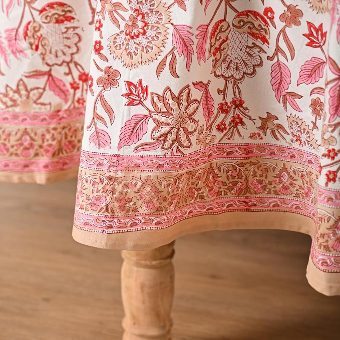 Hand Block Printed Tablecloth – Colorful Floral Print | 100% Cotton | Indian Artisan Handmade Art | Dining Room, Kitchen, Outdoor Décor, (Pink Meadow Bloom, 4 Seater 60 Inches Round)