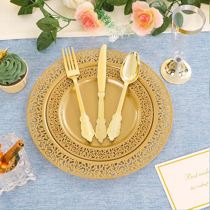 DaYammi 210Pcs Solid Gold Disposable Plates with Silverware and Cups,Gold Plastic Plates for Party Include: 30 Dinner Plate,30 Dessert Plate,30 Rolled Napkins with Cutlery,30 Cups for Party Wedding