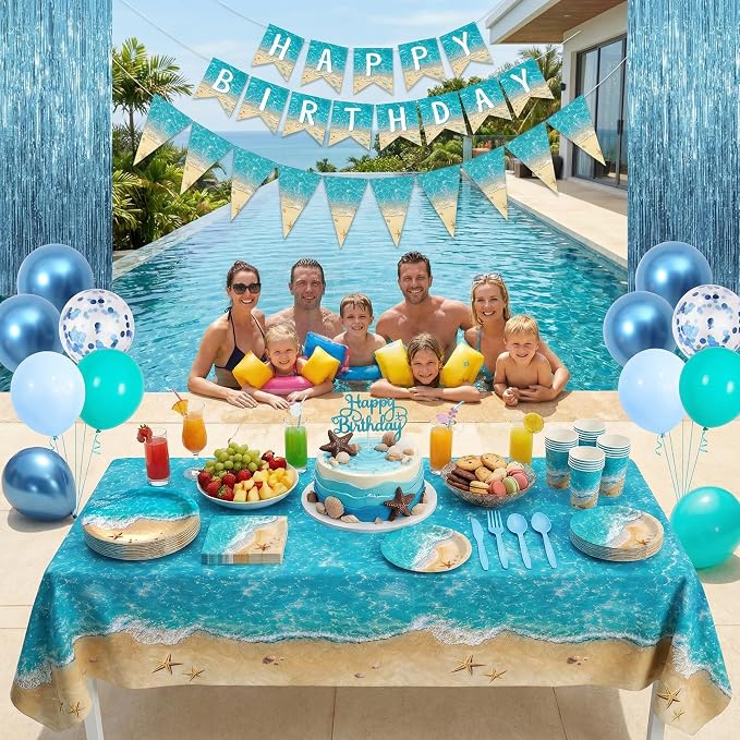 Beach Birthday Party Decorations, Beach Party Supplies, Plates and Napkins Sets [300 GSM], Tablecloths, Fringe Curtains, Banner, Ocean Themed Party Decorations, Under The Sea Beach Party Decorations