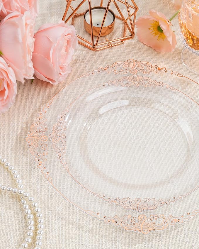 Nervure 175PCS Rose Gold Plastic Plates - Disposable Rose Gold Party Plates & Pre Rolled Napkins with Cutlery for 25 Guests, 50Plates, 75Silverware, 25Cups, 25Napkin for Wedding & Party & Mothers Day