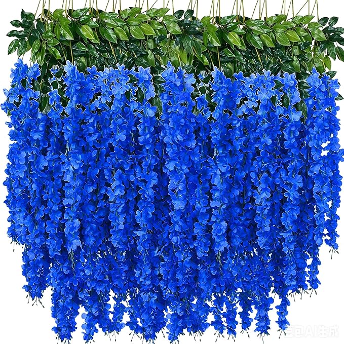 Artificial Wisteria Hanging Flowers Fake Wisteria Flower Garland Silk Vines Rattan Decor for Home Wedding Arch Wall Garden Greenery Bedroom Outdoor Office Party Decoration (24, Royal Blue)