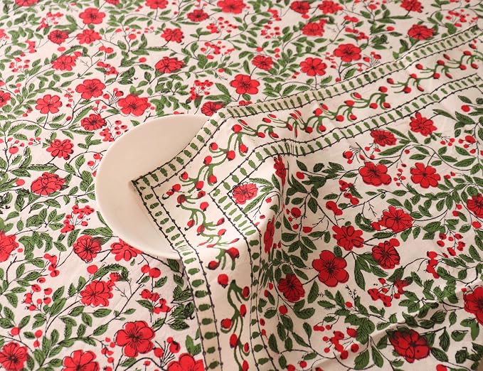 Chirstmas Red Block Print Table Cloth- 60x108 Inch Rectangle 100% Cotton Handmade Pre-Shrink, Washable for Spring, Kitchen & Dining Perfect for Patio, Indoor & Outdoor, Farmhouse
