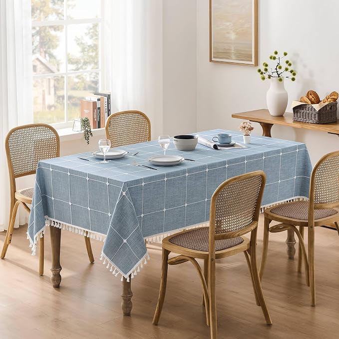 ZeeMart Boho Grid Table Cloth with Tassels (Blue, 52" x 70"), Heavy Weight Linen Checked Embroidered Farmhouse Tablecloth, Water Resistant Rectangle Dusty Blue Tablecloths