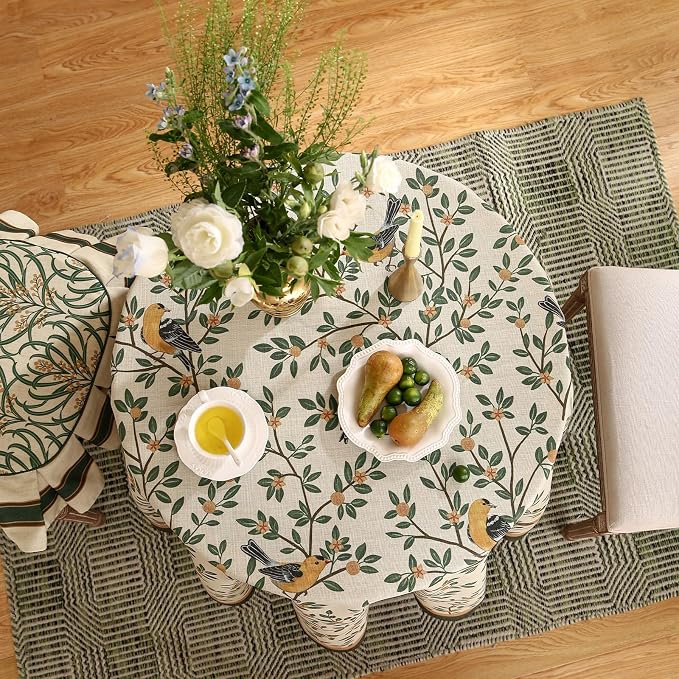 patdrea Designer French Linen Tablecloth,Round,Diameter 55"-Warbler A | Vintage Table Cloth for Round Table,Yellow and Green Floral Pattern,Dining Room Tea Party Thanksgiving Decor