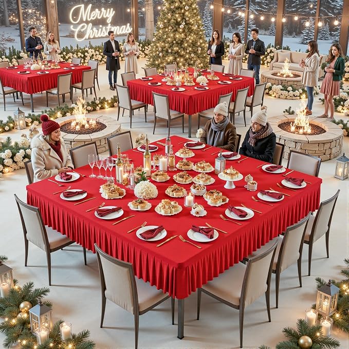 Wish Care Red Spandex Tablecloths for 60x60 Inch Square Tables, Stretch Fitted Table Clothes with Pleated Ruffle Skirt for 60” Table, Wrinkle Free and Elastic, for Party Kitchen Home Dining