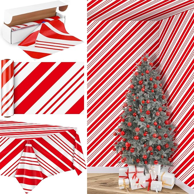 Kochorie 100 Ft x 54 Inch Christmas Candy Cane Striped Tablecloth Roll with Slide Cutter Box Red and White Table Cover Christmas Tablecloth Wall Backdrop Xmas Home Holiday Party Supplies