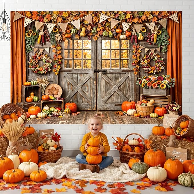 5 x 3 ft Fall Backdrop Barn Door Maple Leaves Pumpkin Design - Autumn Thanksgiving Harvest Friendsgiving & Birthday Party Decorations