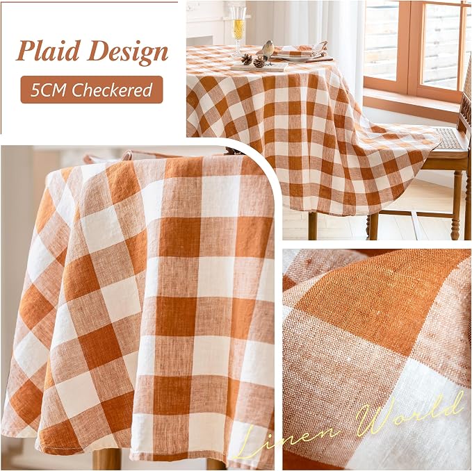 Linen World Gingham Tablecloth, Round, 90", Rust Checkered | Buffalo Plaid, 100% French Flax, For Dining Table, Weddings, Thanksgiving & Christmas