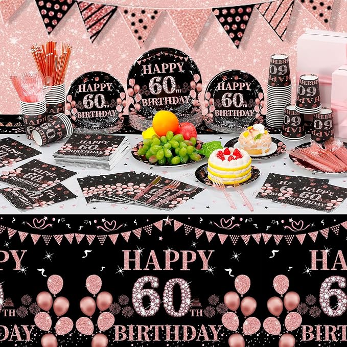 Funnymoom 452pcs 60th Birthday Party Decorations for Women, Black Rose Gold Birthday Supplies, Cheers Tableware Set, Disposable Plates Cups Napkins Cutlery Tablecloth for 50 Guests