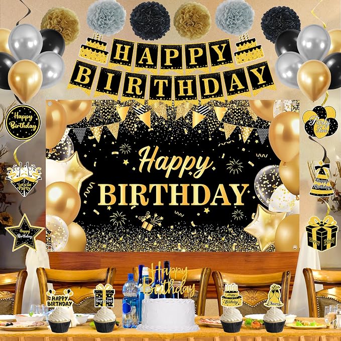 DARUNAXY Black Gold Birthday Decorations Set | Happy Birthday Banner & Sash, Balloons Pom Poms Cake Topper Hanging Swirls Birthday Decor Supplies for Men Women Boys Girls