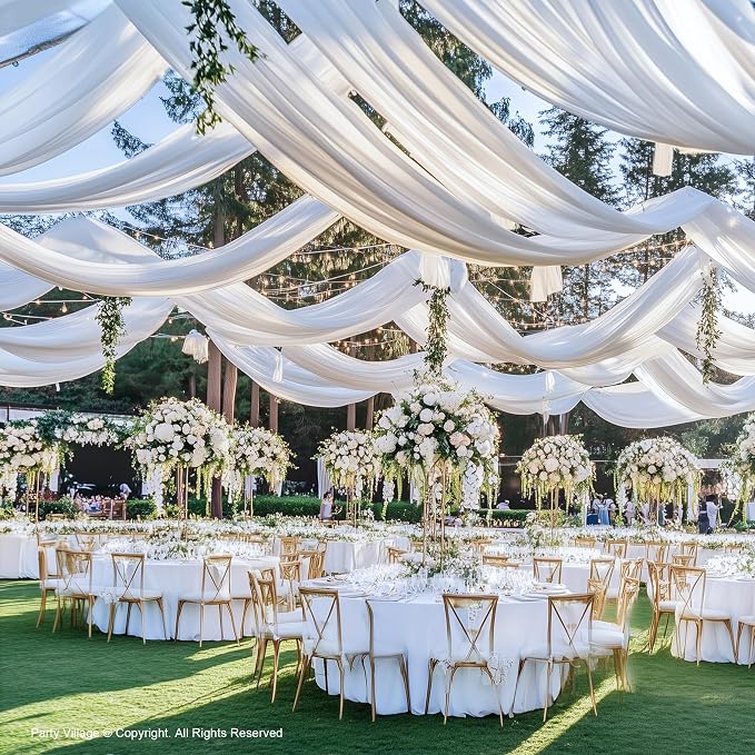 60ftx40ft White Ceiling Curtain for Wedding Parties – 12 Panels Wrinkle-Free 40 FT Long Tent Draping Curtains for Wedding, Birthday & Theme Parties, 40ft Height with Rod Pocket