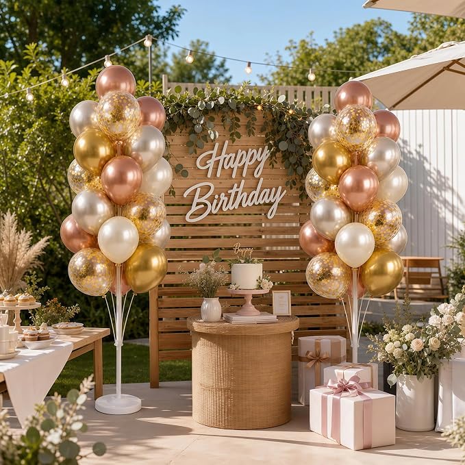 Balloon Column Kit Set of 2 With Balloons Included - with Base, and Pole,Balloon Tower Backdrop Decoration for Wedding, Baby Shower, Birthday Party, or Bachelorette Parties (Rose Champagne Gold)