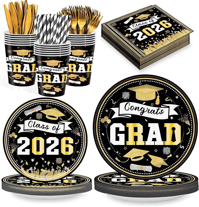2026 Graduation Party Supplies 168PCS Black Gold Graduation Tableware Set Serves 24 Guests, Disposable Plates Cups Napkins Cutlery for Graduation Deco