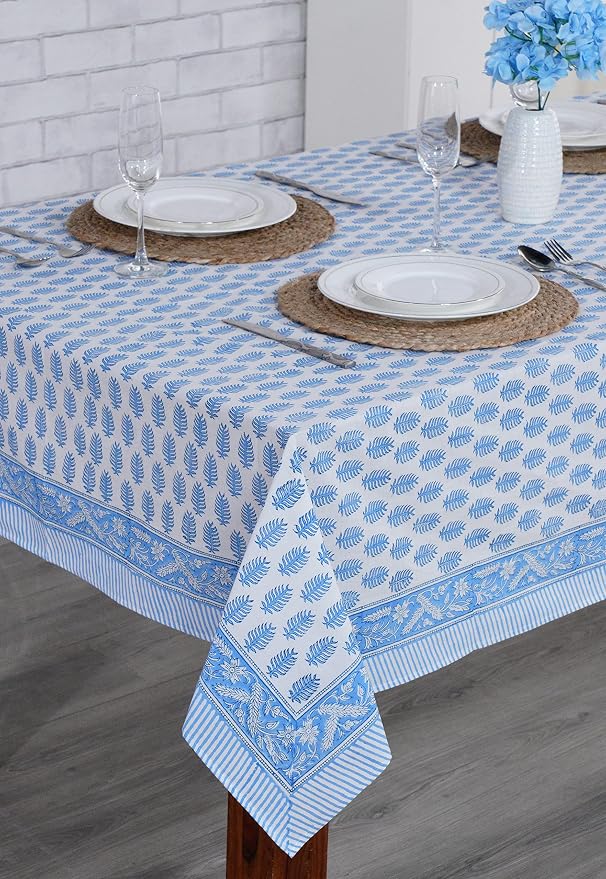 Ridhi Cerulean Blue Hand Block Print Cotton Rectangle Tablecloth 140" x 72" inches Reusable Table Cover Decorative Everyday Use for Dining Room, Farmhouse, Home Gift for Spring, Mother's Day