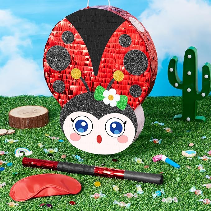 WERNNSAI Ladybug Piñata – Red Ladybug Party Piñata for Kids Birthday Games Garden Theme Parties Insect Theme Classroom Activities baby shower supplies with Blindfold and Stick
