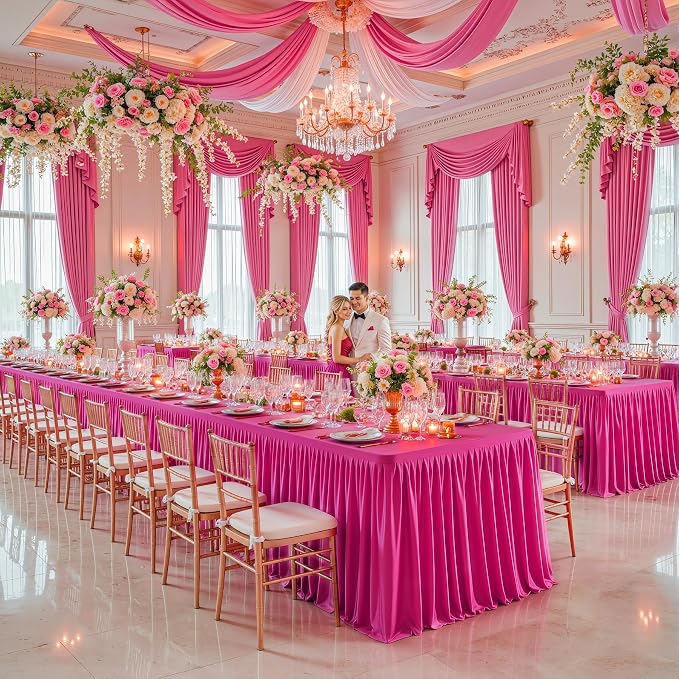 PARTISKY 6 Pack Hot Pink Tablecloths for Rectangle Tables 6ft, Wrinkle Resistant Spandex Table Cover Fitted Stretch Table Cloth with Pleated Ruffle Skirts for Party Banquet Dining Birthday Wedding